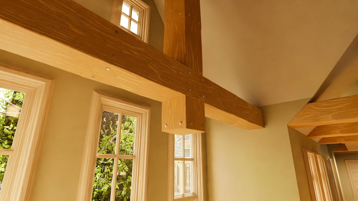 Barn conversion interior with exposed beams